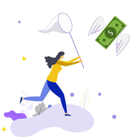 Money chase business concept with businessman running after dangling dollar and trying to catch it. Working hard and always busy in the loop routine flat style design vector illustration.のイラスト素材