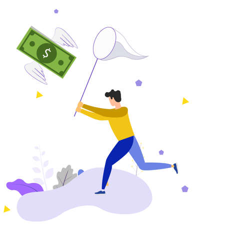Money chase business concept with businessman running after dangling dollar and trying to catch it. Working hard and always busy in the loop routine flat style design vector illustration.のイラスト素材