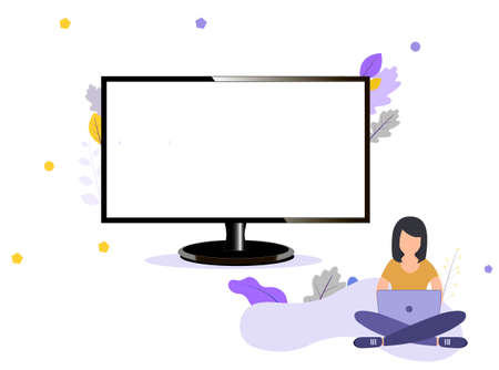 Woman sitting cross-legged and working on laptop, computer display, zero and one symbols.Eps10のイラスト素材