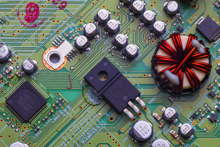 printed circuit Board with chips and radio components electronicsの写真素材