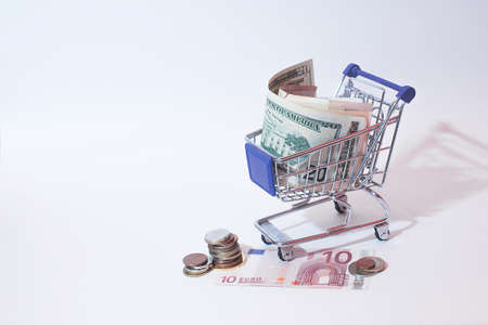 Money from different countries in a grocery basketの写真素材