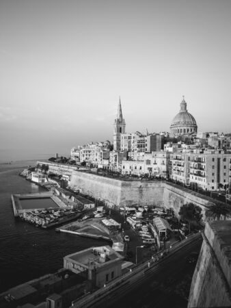 View of Valletta from St Andrew's Bastions in black and whiteの写真素材