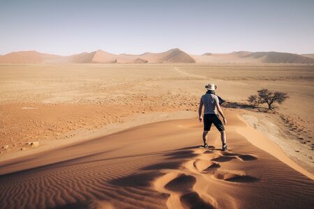 Namibia Namib Desert Sossusvlei Man walking on the top of the famous dunes at sunrise. Epic intrepid adventure travel.の写真素材