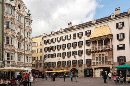 Innsbruck, Austria - 20th September 2015: Herzog-Friedrich-Strasse, with Goldenes Dachl, the golden roof building, Altstadt, Innsbruck, Austriaのeditorial素材