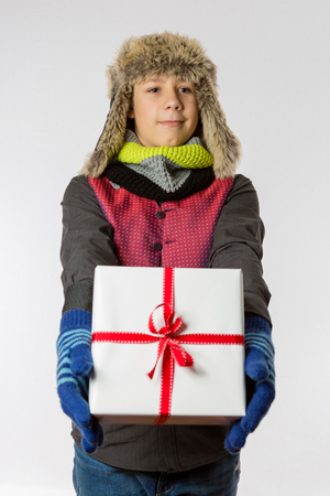 Boy presents one white packed Presentの写真素材