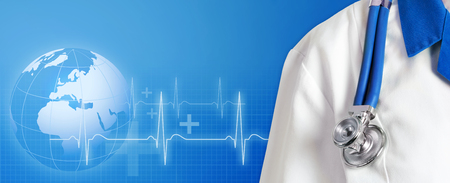 Doctor with stethoscope on blue backgroundの写真素材