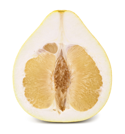 Half of ripe yellow pear-shaped pomelo fruit isolated on white background. Pomelo fruit is cut vertically.の写真素材