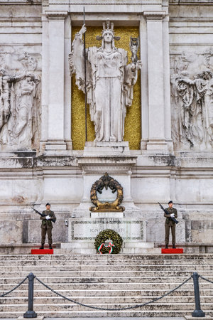 Rome, Italy - May 7, 2018: Soldiers guard the Tomb of the Unknown Soldier, the Altar of the Fatherland or Altare Della Patria at Vittorio Emanuele II Monument on Venice Square.のeditorial素材
