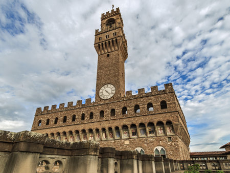 Florence, Tuscany, Italy - October, 05, 2018: Fragment of the famous Old Palace known Palazzo Vecchio or Palazzo della Signoria. View from the viewing platform of the Uffizi Gallery. Florence, Tuscany, Italy.のeditorial素材