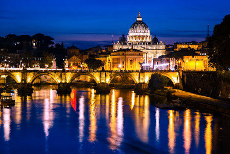 Rome, Italy - October, 2018. Night view of St. Peter's Basilica in Vatican city with the bridge over the Tiber river, Rome, Italyのeditorial素材