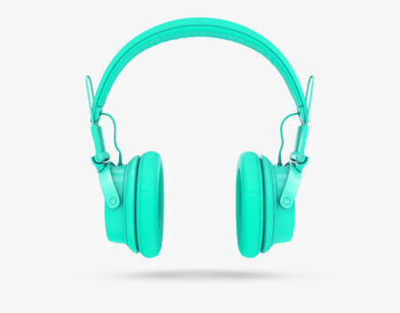 Turquoise wireless headphones isolated on white background with shadow. 3d Renderingの写真素材