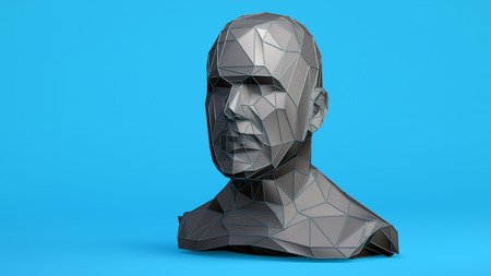 Low Poly style human black head on blue background. 3d concept Illustration with place for your design. の写真素材