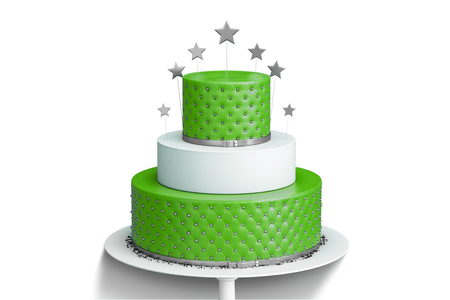 Realistic red three tiered wedding cake isolated with decoration of golden stars and balls on a white plate. 3d illustrationの写真素材