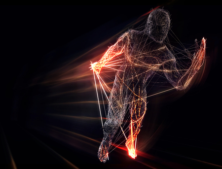 Fast running man 3d of splines on a black background. 3d renderingの写真素材