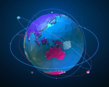 Low poly planet Earth with luminous lines and balls. Concept illustration of flight routes and travels. 3d renderingの写真素材
