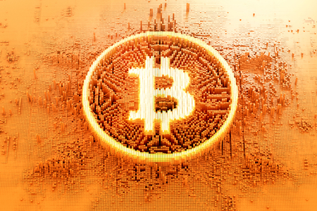 Illuminated symbol  bitcoin consisting of microscopic small cubes in a random layout. Closeup bussines concept 3d Illustration.の写真素材