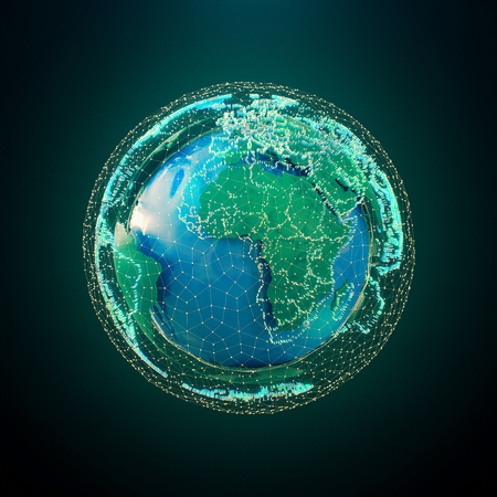 Futuristic highly detailed planet Earth is surrounded by a luminous gold wireframe, representing the social network. Concept 3d illustration の写真素材
