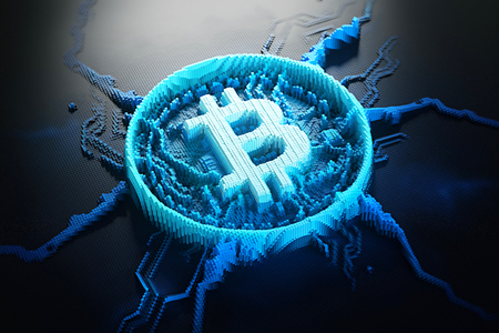 Blue symbol bitcoin consisting of microscopic small cubes in a random layout. Closeup business concept 3d Illustration.の写真素材