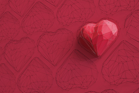 Unique red heart on red wall among the many empty wireframe hearts. Abstract polygonal heart with...