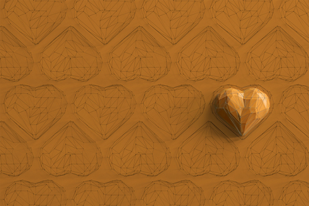 Unique yellow heart on orange background among the many empty wireframe hearts. Abstract polygonal heart with shadow. Love symbol. Low-poly colorful style. Romantic background for Valentine day. 3d rendering の写真素材