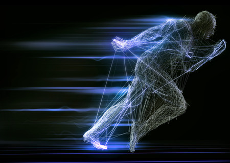 Fast running man 3d of splines on a black background. 3d renderingの写真素材