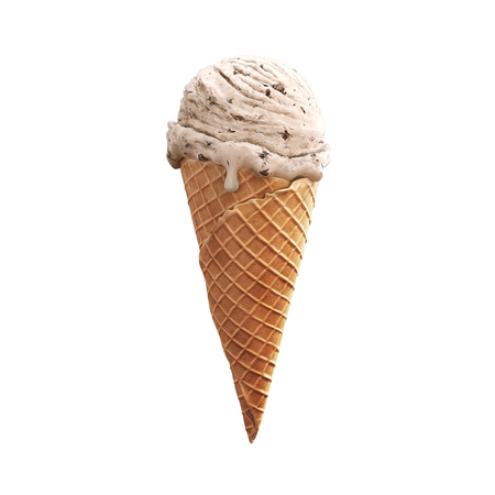 Highly detailed delicious vanilla ice cream with chocolate crumbs in waffle cone isolated on white background. 3D illustrationの写真素材