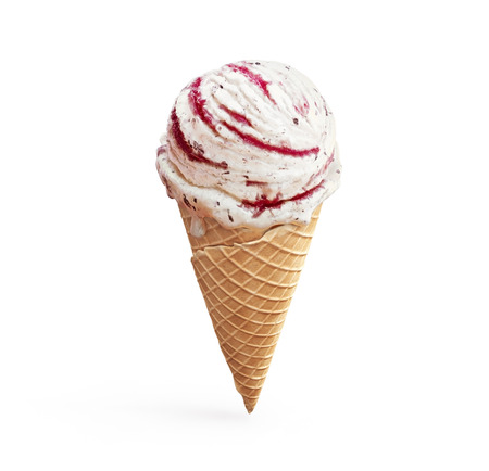 Highly detailed delicious vanilla ice cream with chocolate crumbs and raspberry jam in waffle cone isolated on white background. 3D illustrationの写真素材