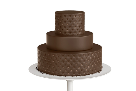 Delicious chocolate three tiered wedding cake on a white plate isolated on white background. 3d illustrationの写真素材