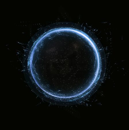 3D illuminated distorted sphere of glowing particles and wireframe.の写真素材