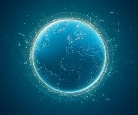 3D illuminated of planet Earth with glow and orange bright elements.の写真素材
