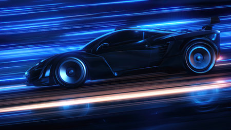 Speeding Sports Car On Neon Highway. Powerful acceleration of a supercar on a night track with colorful lights and trails. 3d renderの写真素材