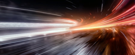 Light trails fast moving across and night road scene, creating a sense of speed and movement. Concept of motion, velocity, and modern technology. 3d illustrationの写真素材