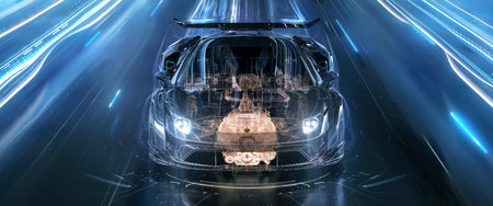 A transparent sports car with internal engine components, on a futuristic, high tech background. Speed and technology concept. 3d illustrationの写真素材