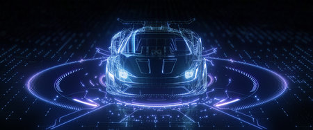 A futuristic sports car based on a digital wireframe intersection with a digital user interface. Concept of auto technology. 3d illustrationの写真素材
