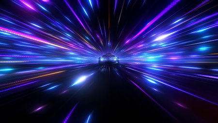 Speeding Sports Car On Neon Highway. Powerful acceleration of a supercar on a night track with colorful lights and trails. 3d renderの写真素材