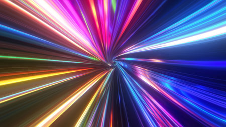 Abstract tunnel of a multicolor spectrum background. Bright rays of neon light and colorful glowing...