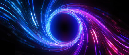 Glowing swirling vortex of vibrant light trails in blue, purple and pink color on a dark background. Concept of big data, digital technology.の写真素材