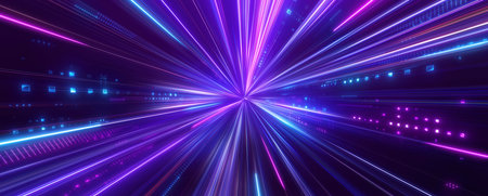 Long streaks of violet and blue light moving fast on night city street. Futuristic digital style on a black background. Speed and motion concept. 3d illustrationの写真素材