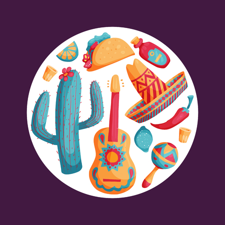 Cinco de mayo mexican illustrations set in bright colours with sombrero, cactus, tequila, tacosのイラスト素材