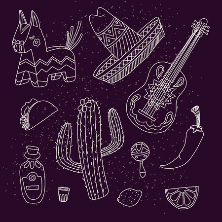 Cinco de mayo mexican line illustrations set  with sombrero, cactus, tequila, tacosのイラスト素材