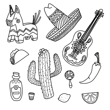 Cinco de mayo mexican line illustrations set  with sombrero, cactus, tequila, tacosのイラスト素材