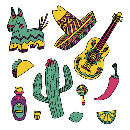 Cinco de mayo mexican illustrations set in bright colours with sombrero, cactus, tequila, tacosのイラスト素材