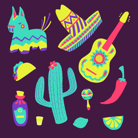 Cinco de mayo mexican illustrations set in bright colours with sombrero, cactus, tequila, tacosのイラスト素材