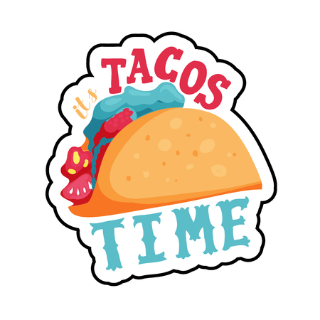 It's tacos time lettering with cartoon tacos colourful concept illustration for sticker and posterのイラスト素材