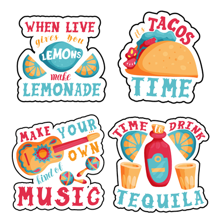 Concepts set with lettering with motivational quotes about life, music, tequila and tacos. Mexican mood.のイラスト素材