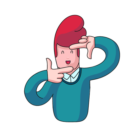 Man are taking photo frame gesture with fingers. Cartoon simple style vector concept illustration. looking at camera.のイラスト素材