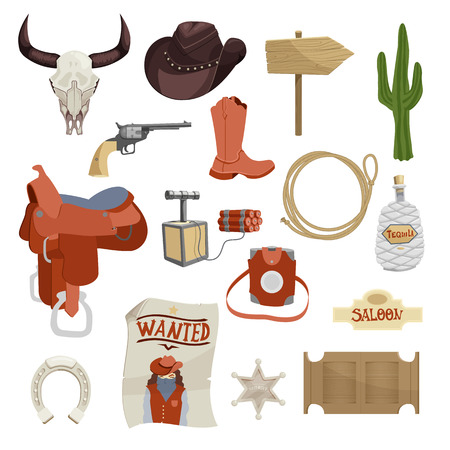 Wild west cartoon icon set. Cowboy ammunition and western objects vector isolated illustrationのイラスト素材