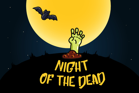 Halloween cartoon doodle poscard design template with bat and zombie hand. Day of the death poster decoration. Party invitation on Night of the deadのイラスト素材