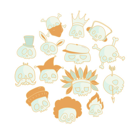 Skull colored line doodle icons set circle composition.のイラスト素材