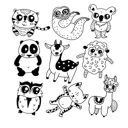 Cute doodle animal character set. Children book vector illustration. T-shirt and postcard scandinavian print design. Adult colouring book pageのイラスト素材